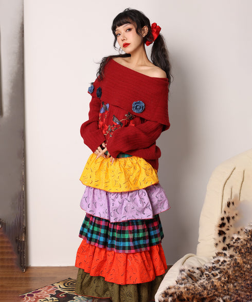 Embroidered Flower Off-Shoulder Knit